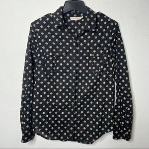 Tory Burch Black Kingfish Print Long Sleeve Button Utility Shirt Size 10